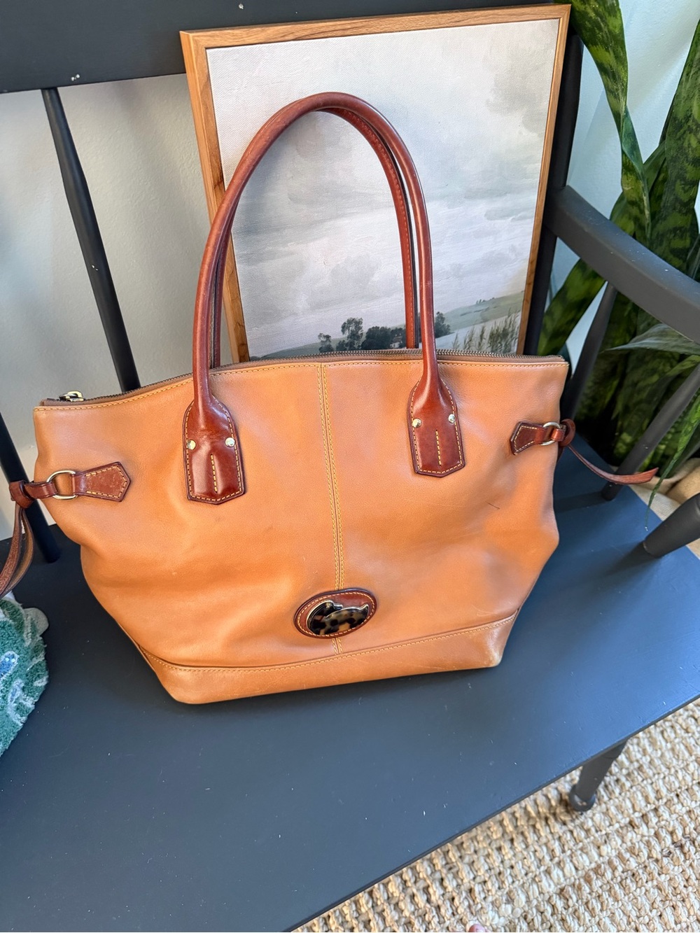 Dooney & Bourke Tan Leather Tote with Dark Brown Handles